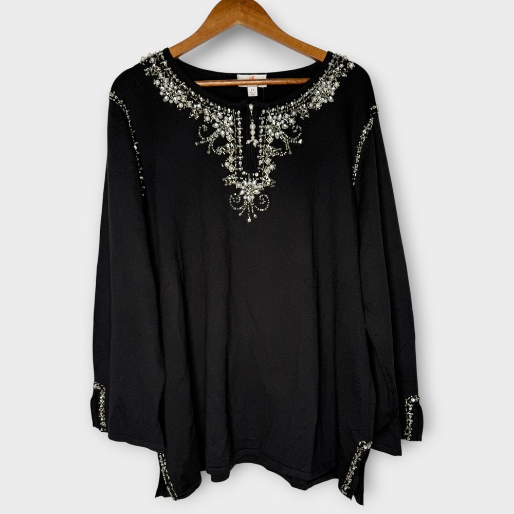 NWT Quacker Factory Black Embellished Cardigan Sweater Pearls‎ Beaded Glam 2X
